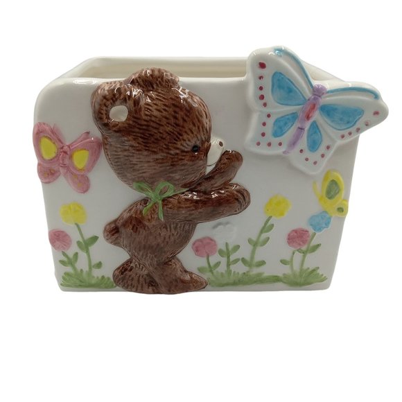 VTG Planter With Teddy Bear Chasing Butterflies In The Flowers - Picture 1 of 10